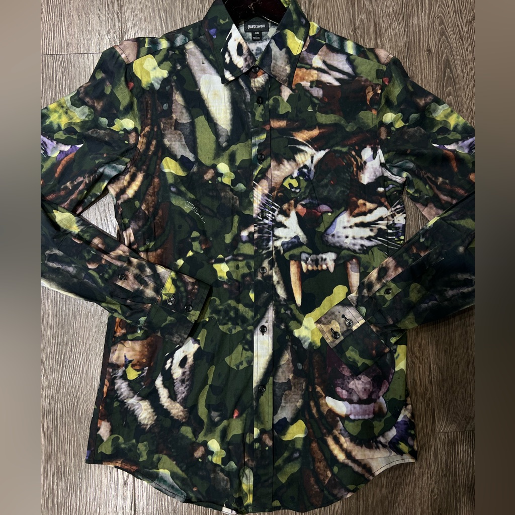 Men’s Just Cavalli Patterned Button Down Shirt, Size 48 (Medium)